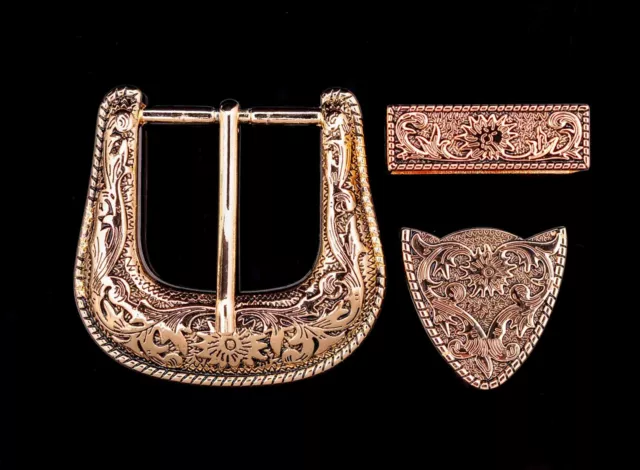 Gold Western Floral Engraved Cowboy Belt Buckle Three Piece Set Unisex 1-1/2"