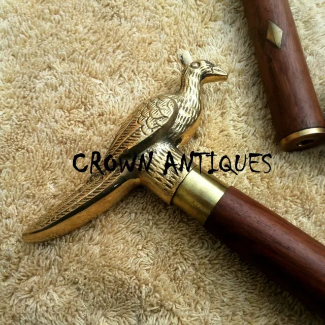 Vintage Victorian Brass Peacock Handle Wooden Walking Stick Designer Spiral Cane