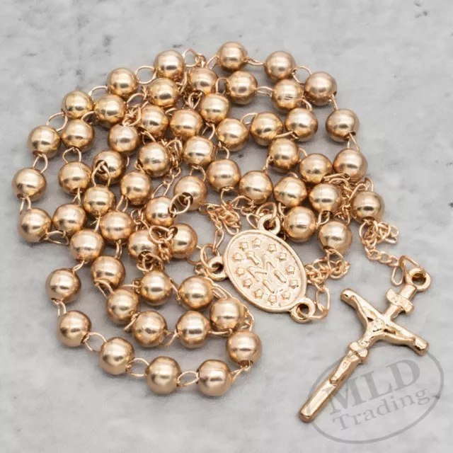 Gold Tone Metal Catholic Rosary Necklace 6mm Round Prayer Beads Papal Crucifix