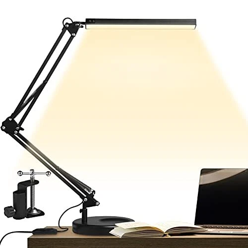 GUUKIN LED Desk Lamp with Clamp and Round Base  Eye Caring Table Lamp with Sw...