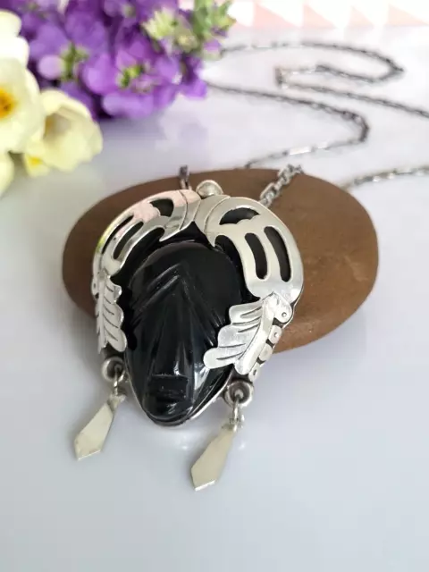 Phantastisches  Collier Silber 925, Taxco Mexico, großer Anhänger, Maske, Onyx