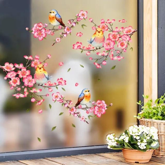 Pink Flower Birds Window Clings Non Adhesive Vinyl Stickers Glass Decals