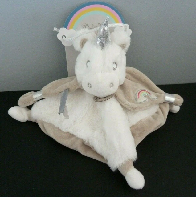 * Doudou Plat Carre Baby Nat Licorne Blanc Gris Beige Arc En Ciel 100% Neuf