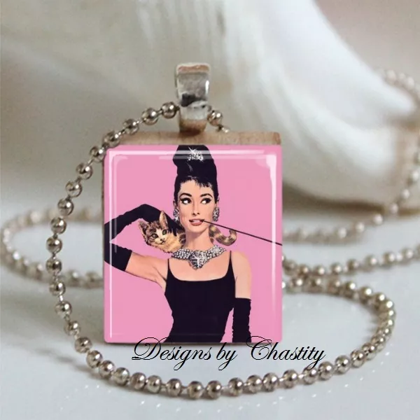Audrey Hepburn Necklace Scrabble Black Dress Pink Kitty Cat Pendant With Chain