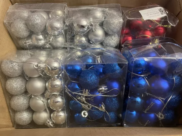 Lot 6 - 24 Count Packs Mini Christmas Tree Wreath Ornaments Silver, Blue, Red