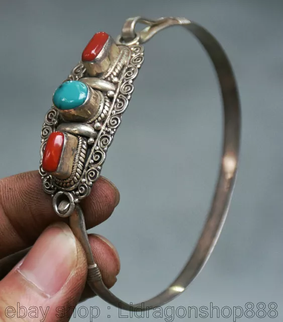 2.8 "Vieux Tibet tibétain incrustation d'argent corail rouge bracelet bijoux