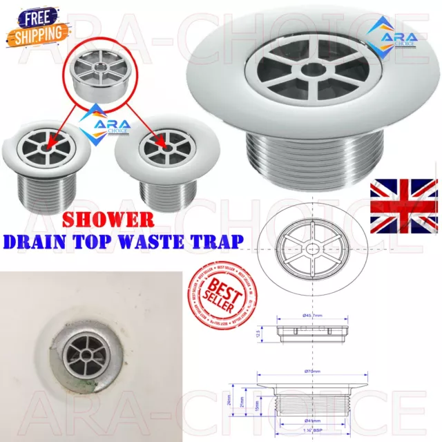 70mm Replacement Shower Drain Top Hair Waste Trap Chrome ABS 1.5" Inches Thread