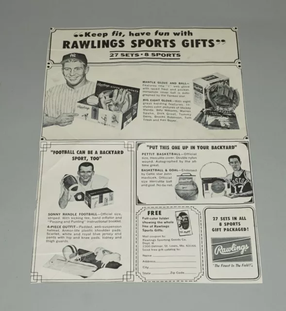 Original 1960S Mickey Mantle Yankees Rawlings Baseball Glove Ad 7" X 10" *