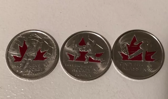 2009 2010 Canada Vancouver Olympic Moments 3 colored Quarters 25 cent Coins Set