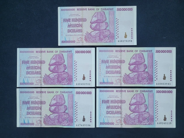 Zimbabwe 5 x 500 Million Dollars 2008 Pick- 82 –  Lot 5 pcs