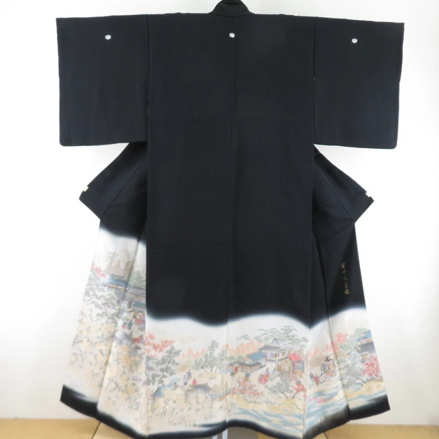 Black Tomesode Kimono Silk Heian period scenery pattern Black 60.6inch Women's