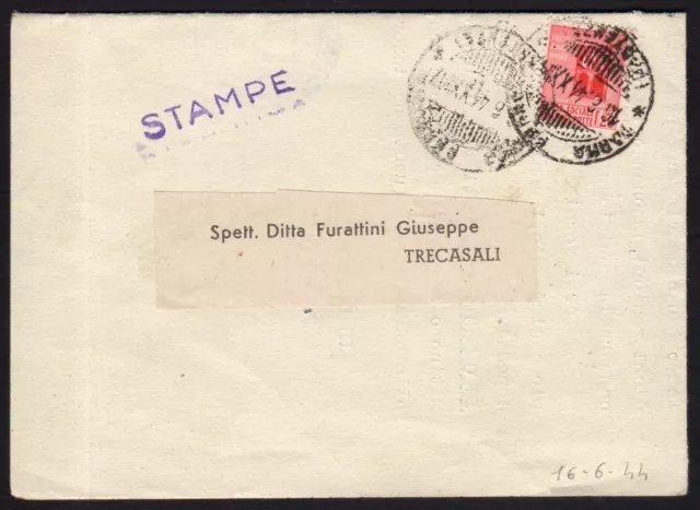 STORIA POSTALE RSI 1944 Stampe 20c isolato da Parma a Trecasali (FS2)