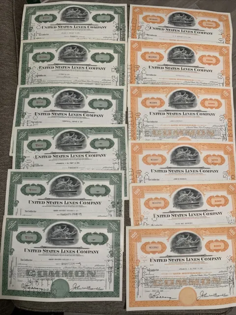 (Lot of 12) United States Lines Company Stock Certificate