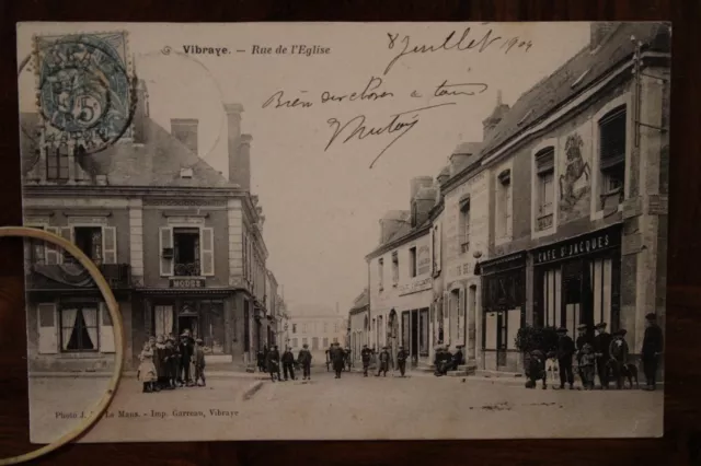 CPA Ak 1904 VIBRAYE Rue de l'Église Café St Jacques animated traveled