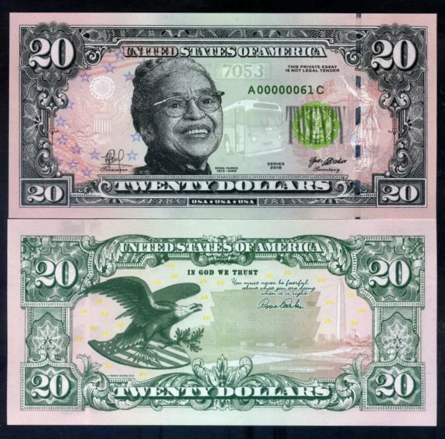 États-Unis, 20 $ 2018, numéro privé, conception d'essai, Rosa Parks, Washington Monument