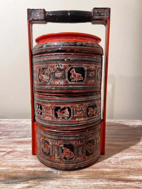 Antique Burmese Stacking Lunch Box / Tiffin Box With Underglaze Decor
