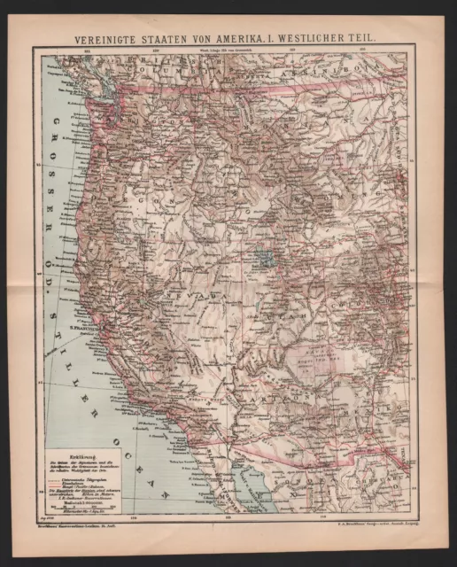 Landkarte map 1899: VEREINIGTE STAATEN VON AMERIKA. I. - Westlicher Teil. U.S.A.