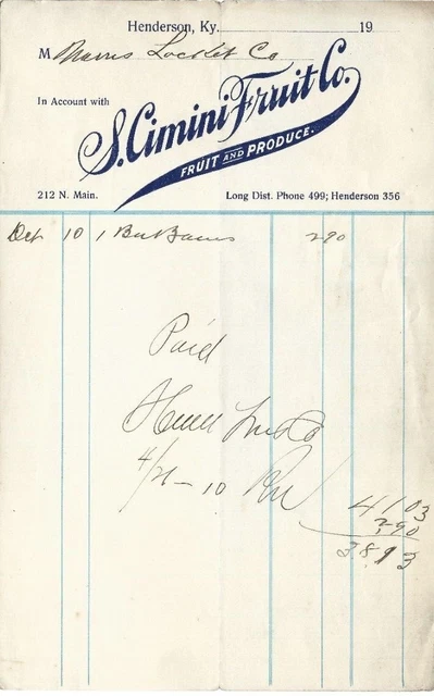 S Cimini Fruit Co Henderson KY 1910 Billhead Fruit & Produce