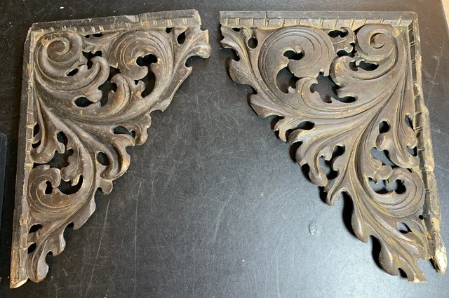 Antique Pair Small Wood Corbel Porch Brackets Ornamental Salvage 14" x 11"