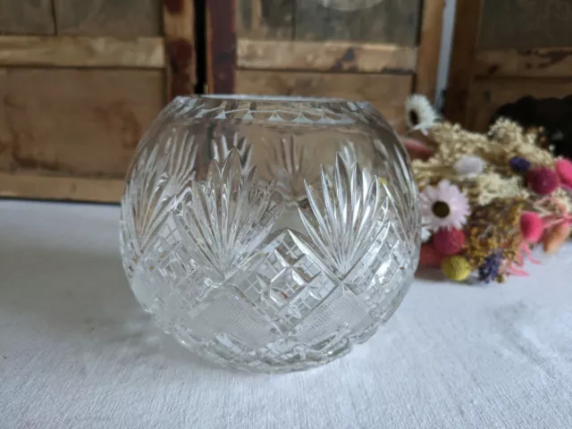 Large Quality Cut Lead Crystal Ball Vase Heavy Bowl VGC Flower Round Mid century