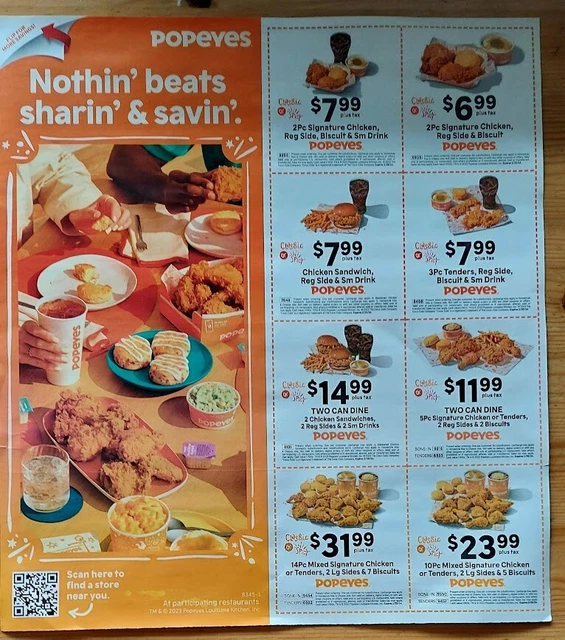 1 SHEET POPEYES Chicken Coupons Expire 2/25/2024 Fast Food 1.65