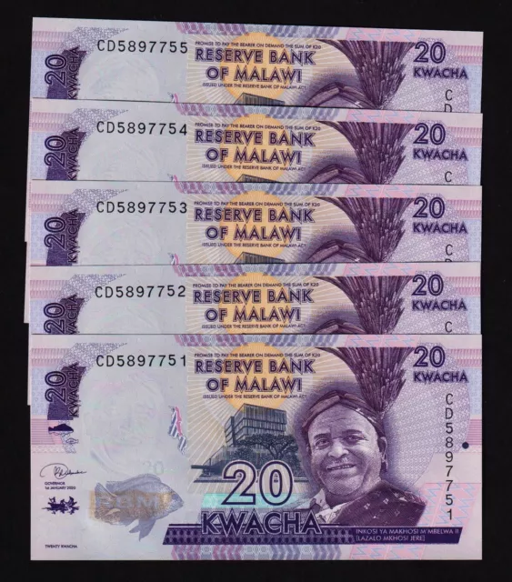 MALAWI - lotto 5 banconote 20 kwacha 2020 FDS - UNC