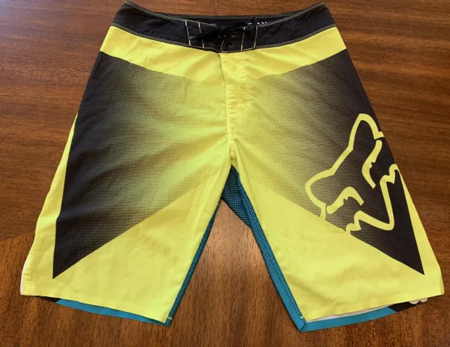 Fox Racing Mens Sz. 29 Board Shorts Swim Trunks Yellow Blue Fox Logo Zip Pocket