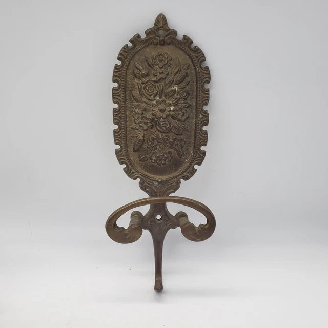 11" Solid brass art COAT RACK HAT WALL HOOK vintage ornate flower design hanger