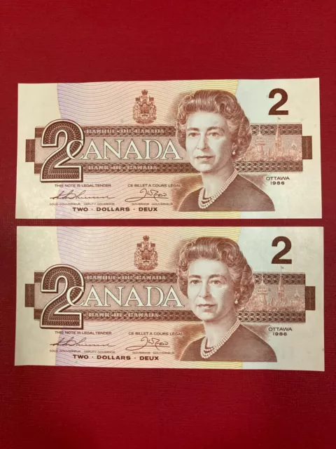 1986 Canada  2 Dollar  CONSECUTIVE Banknotes  UNCIRCULATED