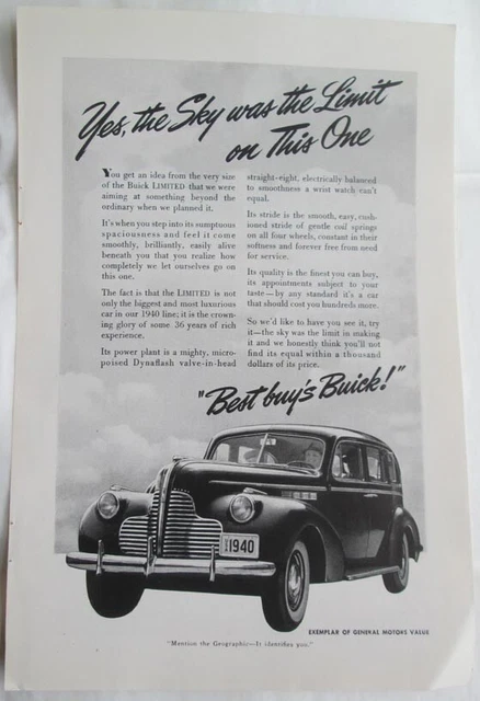 BUICK LIMITED CAR AUTOMOBILE VTG 6.5"X10" Magazine Ad 1940'