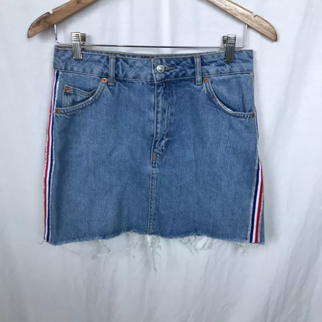 Topshop MOTO Women's Side Stripe Denim Jean Skirt Raw Hem Casual Size 6