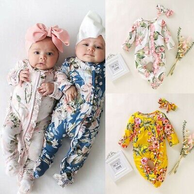 Newborn Infant Baby Girls Floral Romper Jumpsuit Bodysuit Headband Outfits Set 1