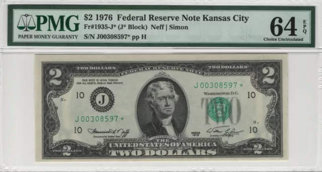 1976 $2 Federal Reserve Star Note Kansas City Fr.1935-J* Pmg Choice Unc 64 Epq