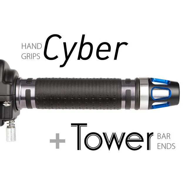 KiWAV Motorcycle Cyber Grips Dark Gray with Tower Bar Ends Blue/Silver