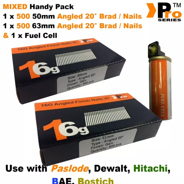 50mm + 63mm Mixed 16g ANGLED Nails, 2 x 500 pack + 1 x Fuel Cell for Paslode