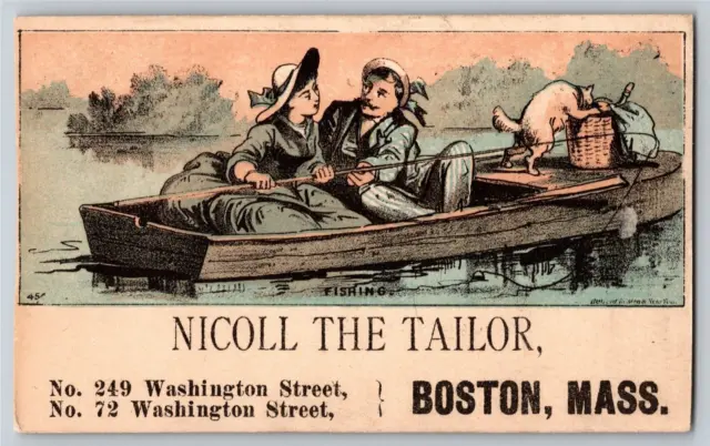 Nicoll The Tailor Washington St Boston Victorian Trade Card Couple Fish in Boat