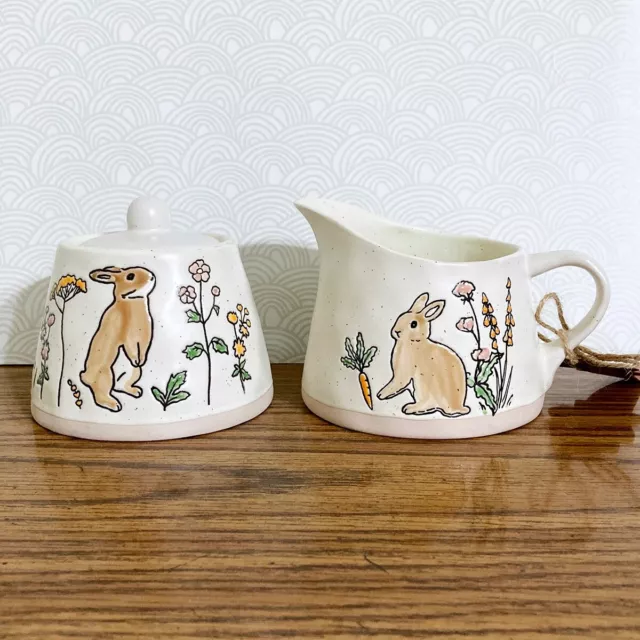 Bunny Rabbit Sugar Bowl & Creamer Set Hand Painted Spring Easter