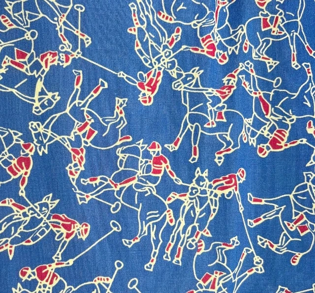 Vintage Fabric Remnant Equestrian Polo Player on Horse Blue Red 45 x 76 Inch