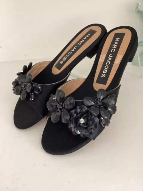 New Marc Jacobs Clara Black Embellished Slide Satin Sandals 37/7