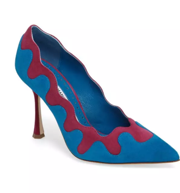 NIB Manolo Blahnik Ulderica Pointy Toe Pump Shoe Turquoise Blue Pink Suede 36.5