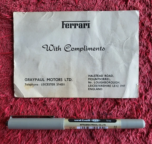 Vintage 1970 Ferrari Graypaul Loughborough Compliments Card David Clarke era