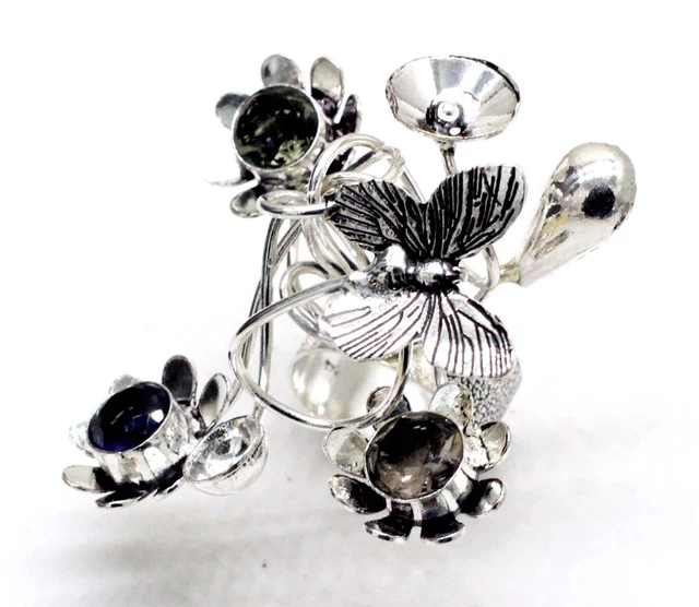 925 Sterling Silver Purple Amethyst & Smoky Gemstone Jewelry Ring (US) Size-8"