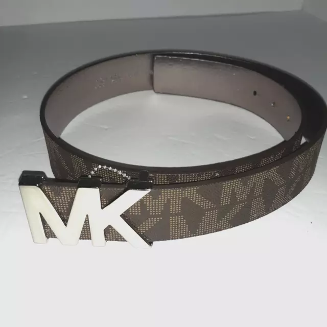 Michael Kors Signature Belt Logo MK Silvertone Shiny Buckle Womens Sz S Dk Brown