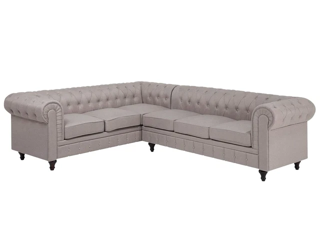 Right Hand Corner Sofa L-Shaped Button Tufted 5 Seater Beige Fabric Chesterfield