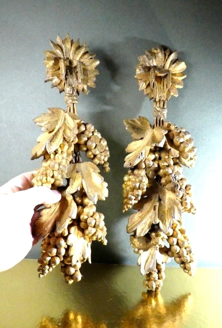 Antique Two Carved Bunch Grapes Fallen Gold Leaf Clusters Carving Oak Wood 19th