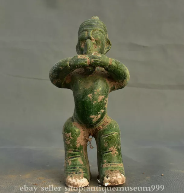 8.4" Chinese palace Tang SanCai pottery porcelain green people Statue Sculpture