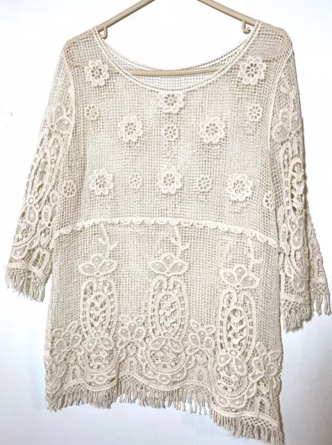 Phase One Women's Med Boho Cream Tunic Dainty Open Lace Top Blouse Shirt Cotton