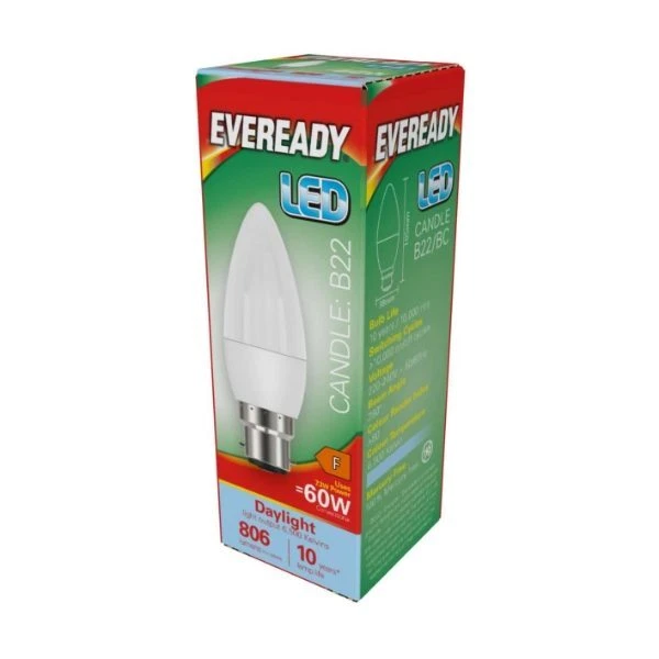 2612 x Eveready LED Candle B22 (BC) Bulbs | 806 Lumens 7.3W 6,500K | Daylight)