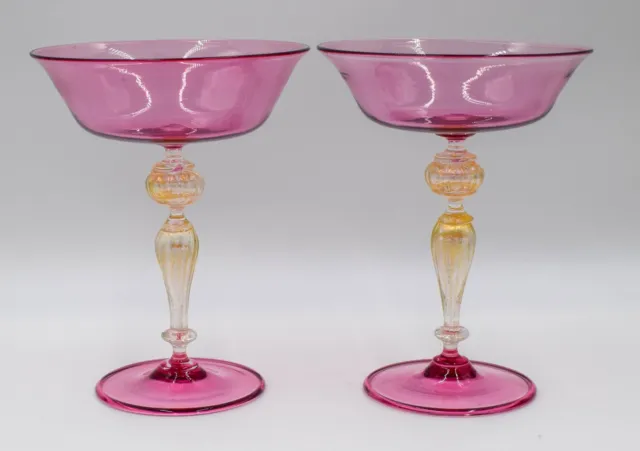 Pair of Salviati Murano Venetian Champagne Toasting Glasses - Pink