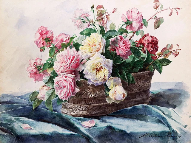 Art flowers roses pink basket M. Lemaire Tile Mural Backsplash Marble Ceramic